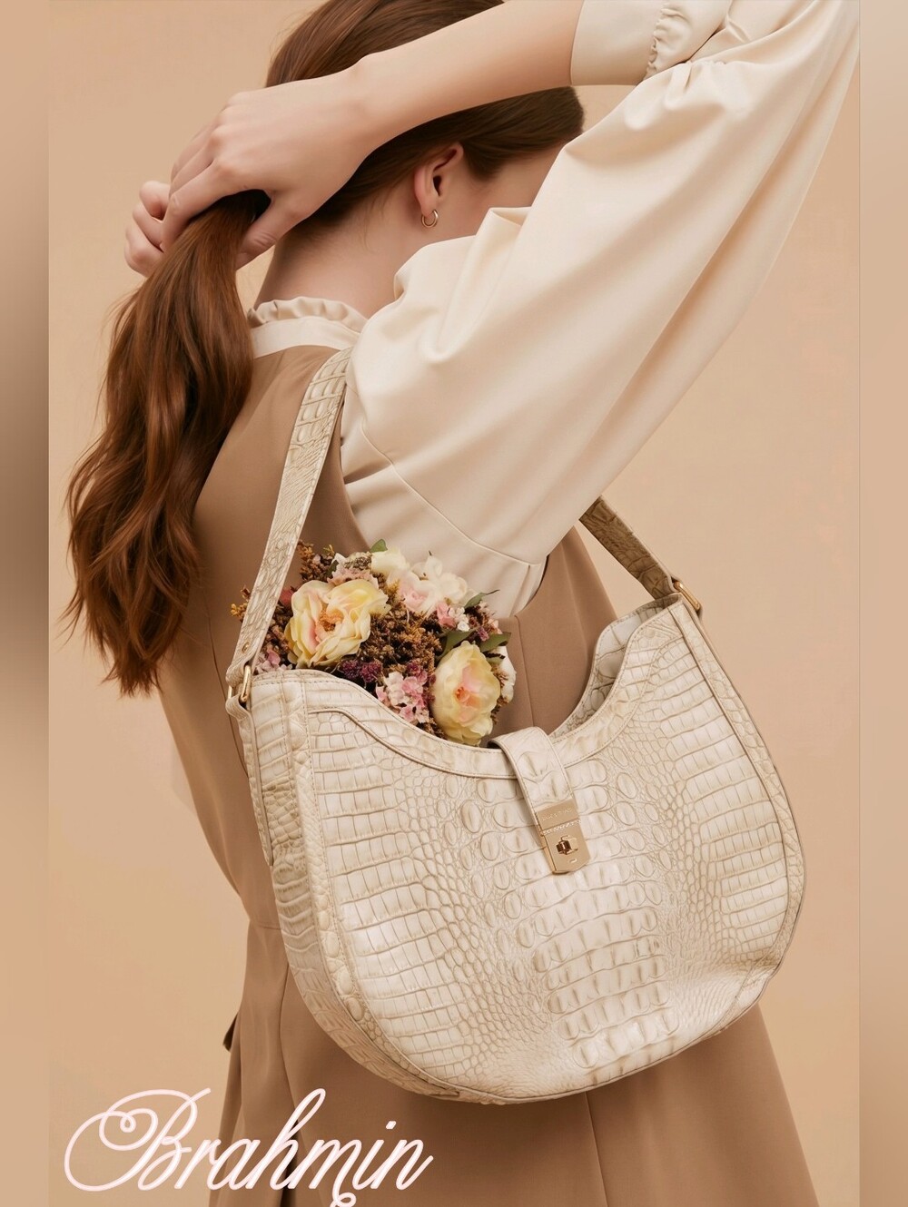 BRAHMIN Cream Crocodile-Embossed Bag purse Certificate Of Auth